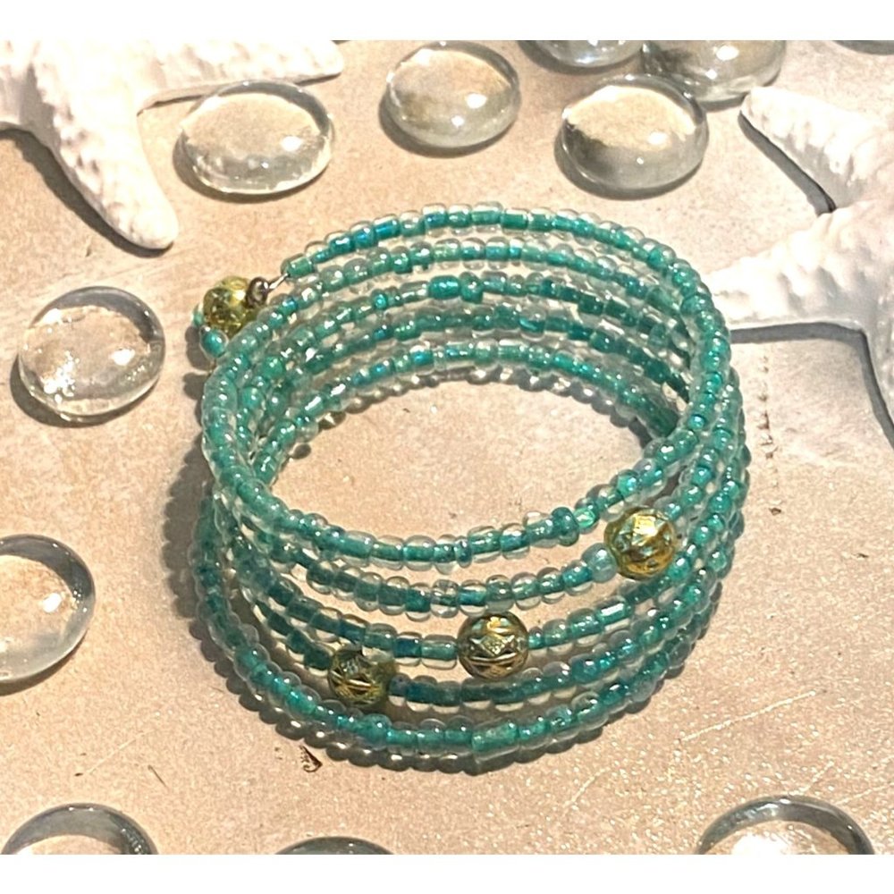 #41 Sea Foam Green Cuff Bracelet with Gold Patina Beads Coil Spiral